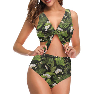 White orchid flower tropical leaves pattern blackg Chest Bowknot High Waisted Bikini Swimsuit