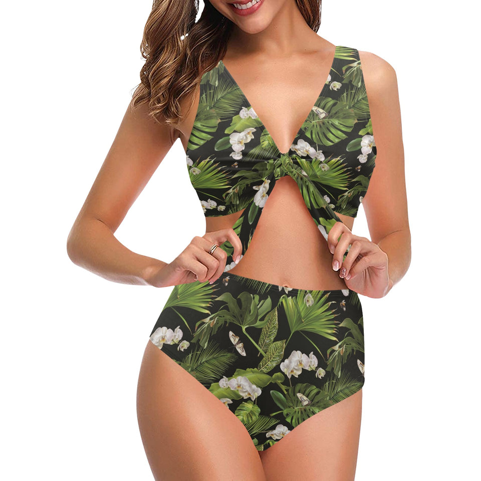 White orchid flower tropical leaves pattern blackg Chest Bowknot High Waisted Bikini Swimsuit