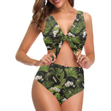 White orchid flower tropical leaves pattern blackg Chest Bowknot High Waisted Bikini Swimsuit