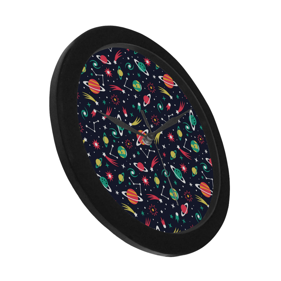 colorful space pattern planet star Elegant Black Wall Clock