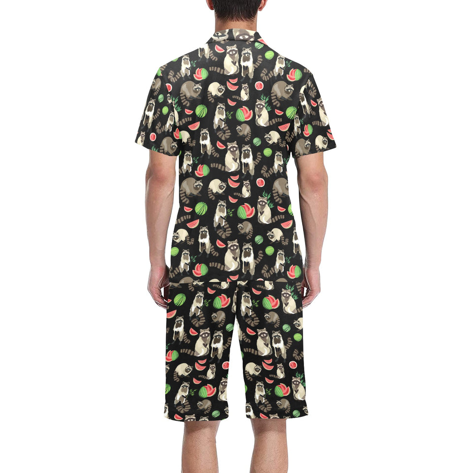 Raccoon watermelon pattern Men's V-Neck Short Pajama Set