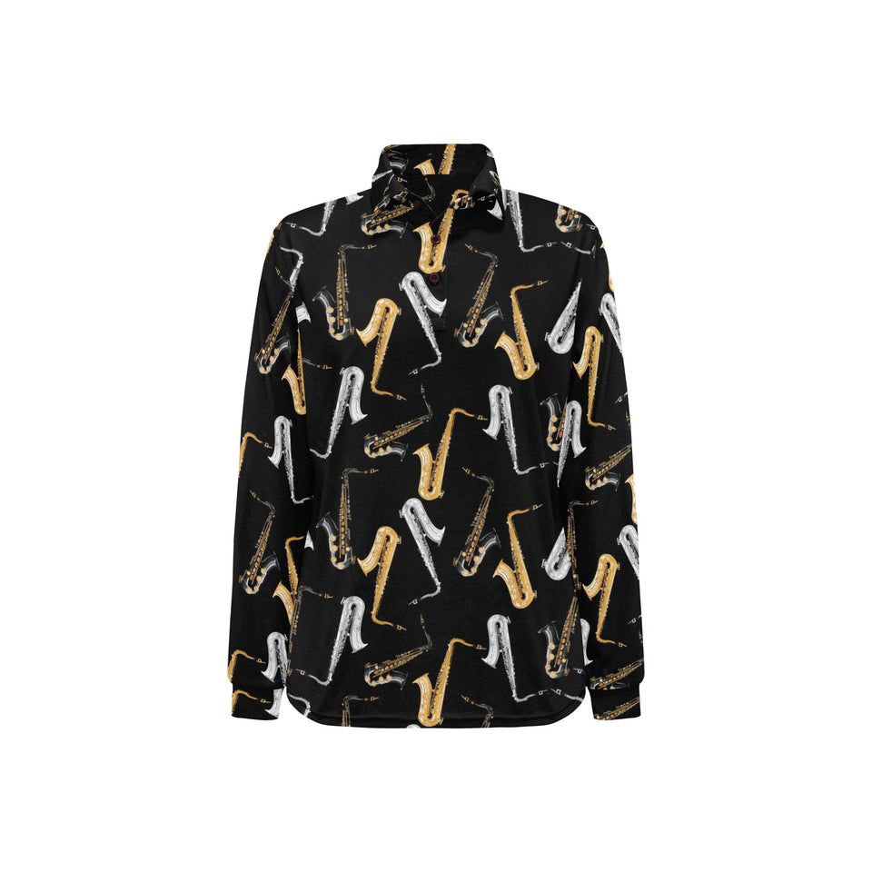 saxophone design pattern Women's Long Sleeve Polo Shirt