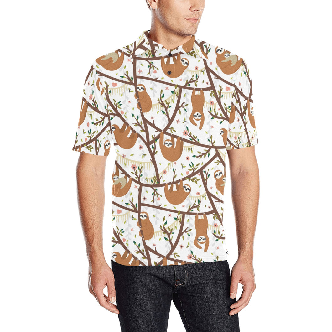 Sloths hanging on the tree pattern Men's All Over Print Polo Shirt