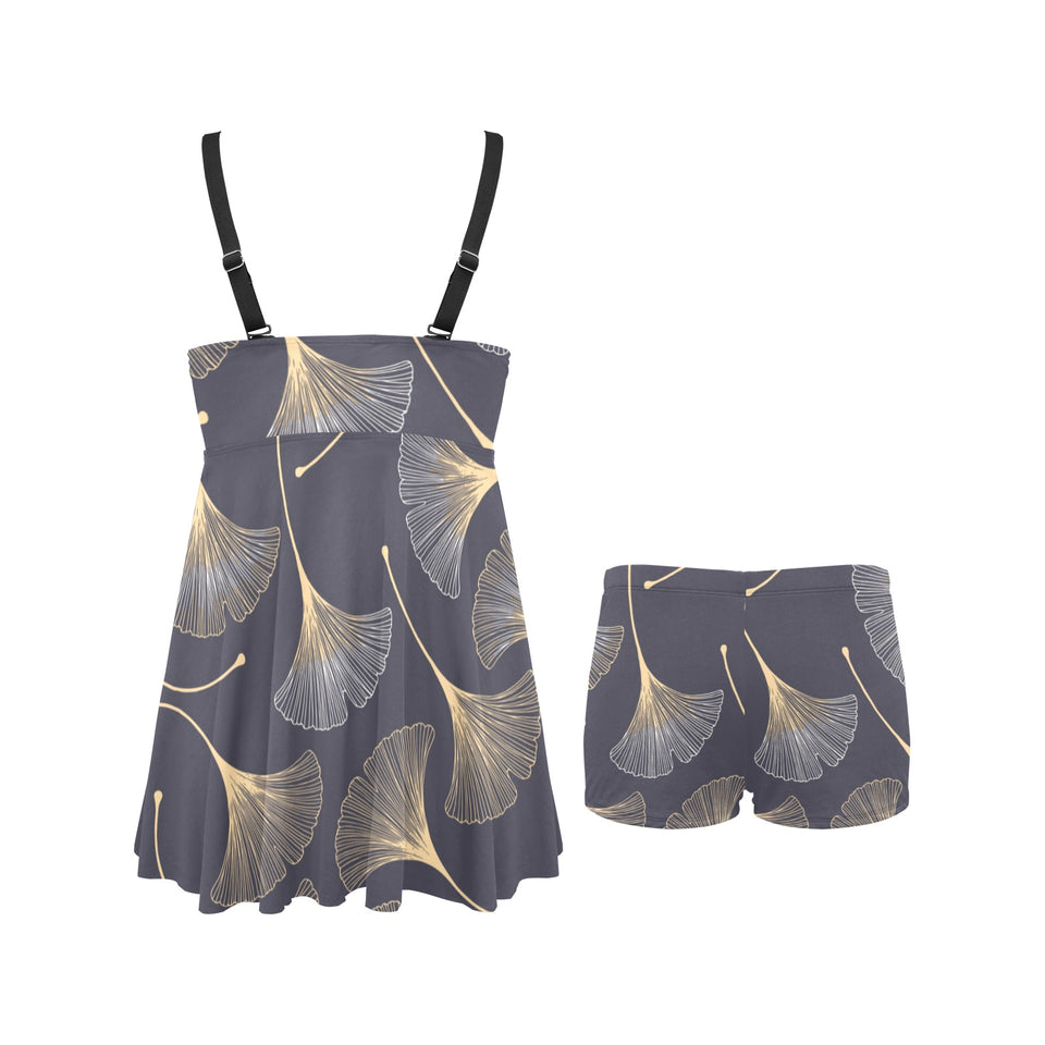 Gold ginkgo leaves Chest Sexy Pleated Two Piece Swim Dress