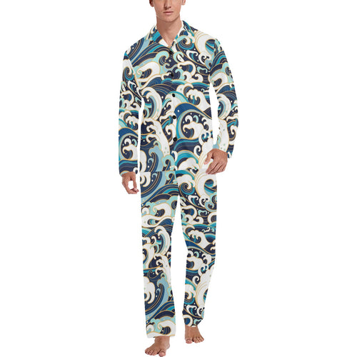 Japanese wave pattern Men's Long Pajama Set