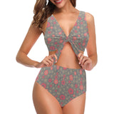 Red gold Sakura cherry blossom gray background Chest Bowknot High Waisted Bikini Swimsuit