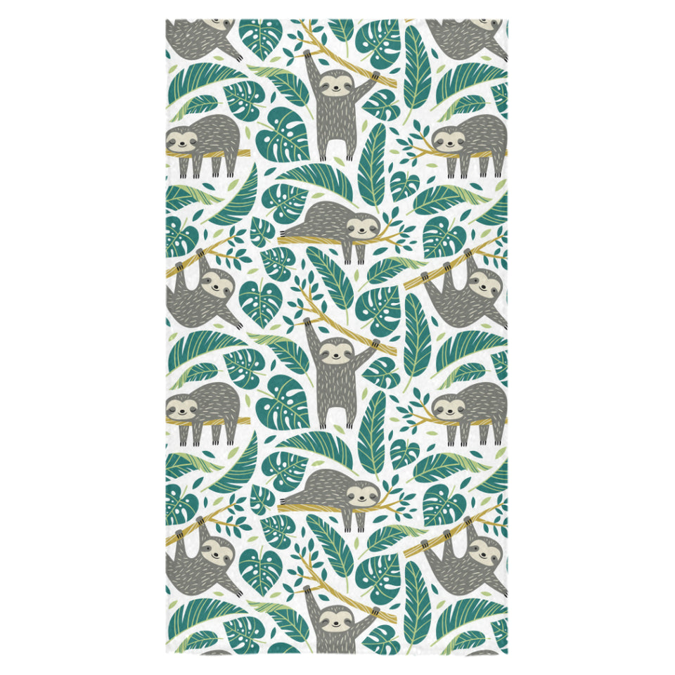 Cute sloths tropical palm leaves white background Bath Towel