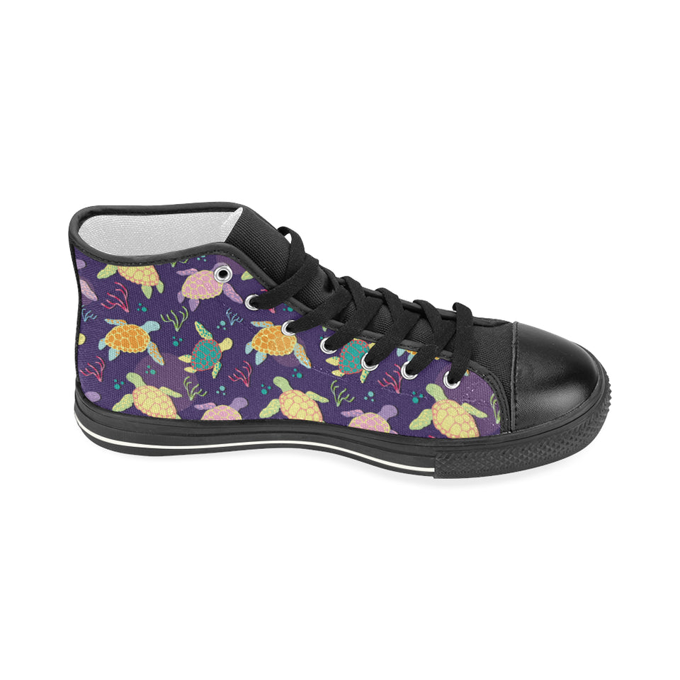 Colorful sea turtle pattern Women's High Top Canvas Shoes Black