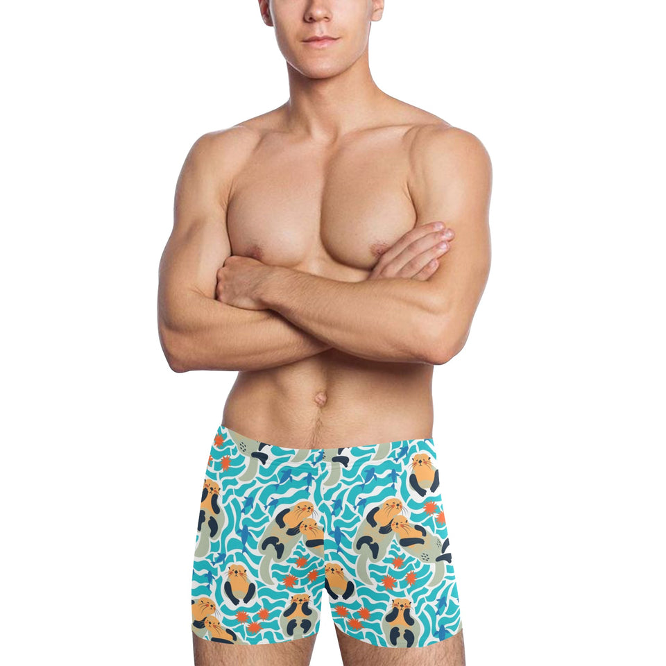 Cute sea otters fishe sea urchin pattern Men's Swimming Trunks