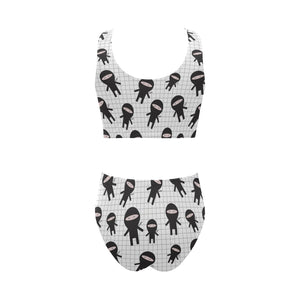 Ninja pattern plaid background Chest Bowknot High Waisted Bikini Swimsuit