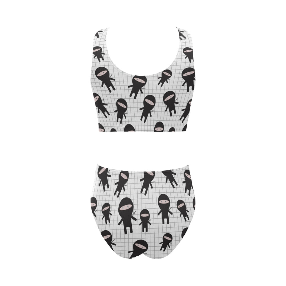 Ninja pattern plaid background Chest Bowknot High Waisted Bikini Swimsuit