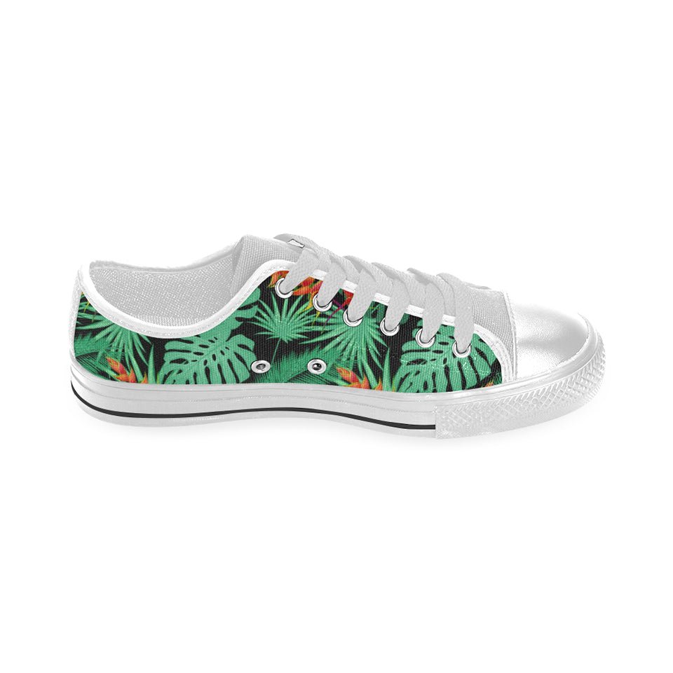 heliconia flower palm monstera leaves black backgr Men's Low Top Shoes White