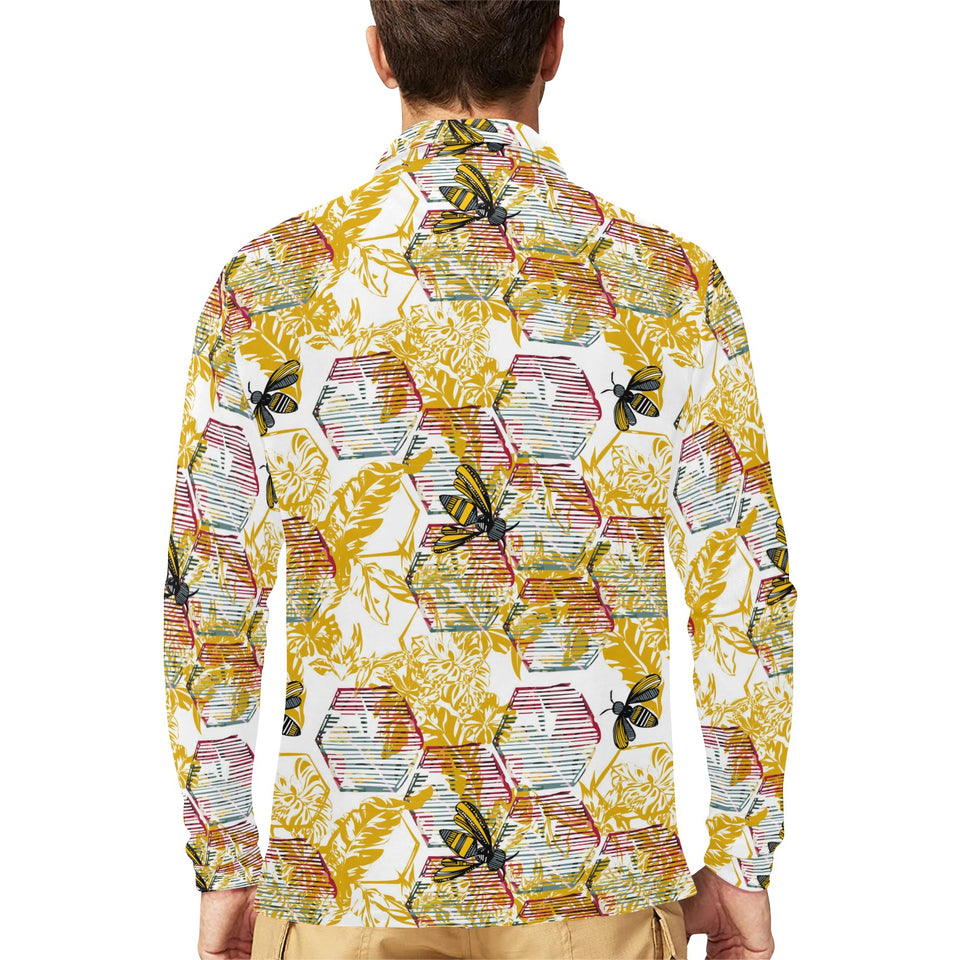 Cool Bee honeycomb leaves pattern Men's Long Sleeve Polo Shirt