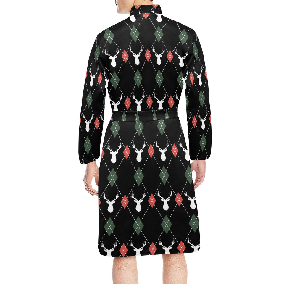 Deer Christmas new year pattern argyle Men's Long Sleeve Belted Night Robe