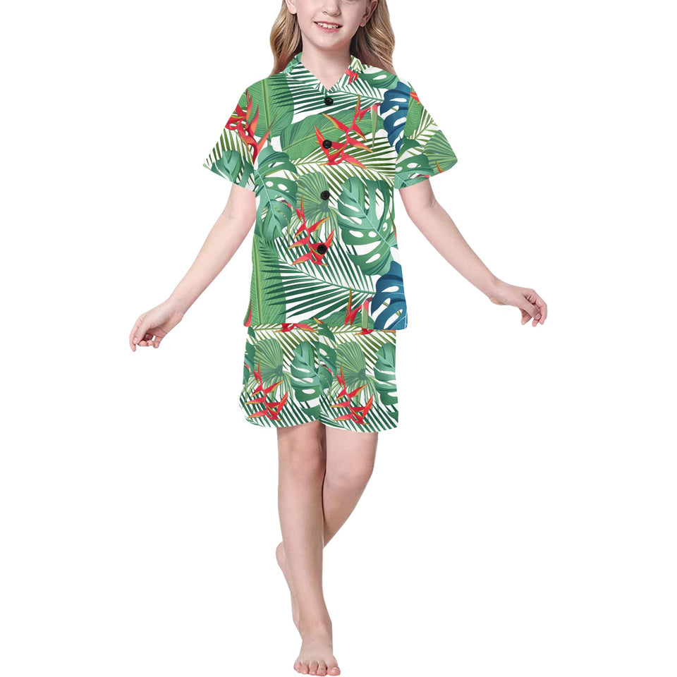 heliconia palm and monstera  leaves pattern Kids' Boys' Girls' V-Neck Short Pajama Set