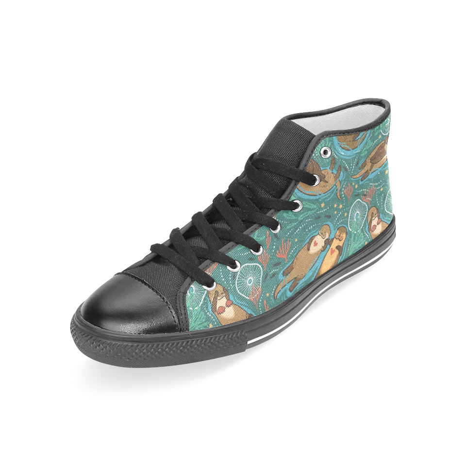cute brown sea otters ornamental seaweed corals gr Women's High Top Canvas Shoes Black