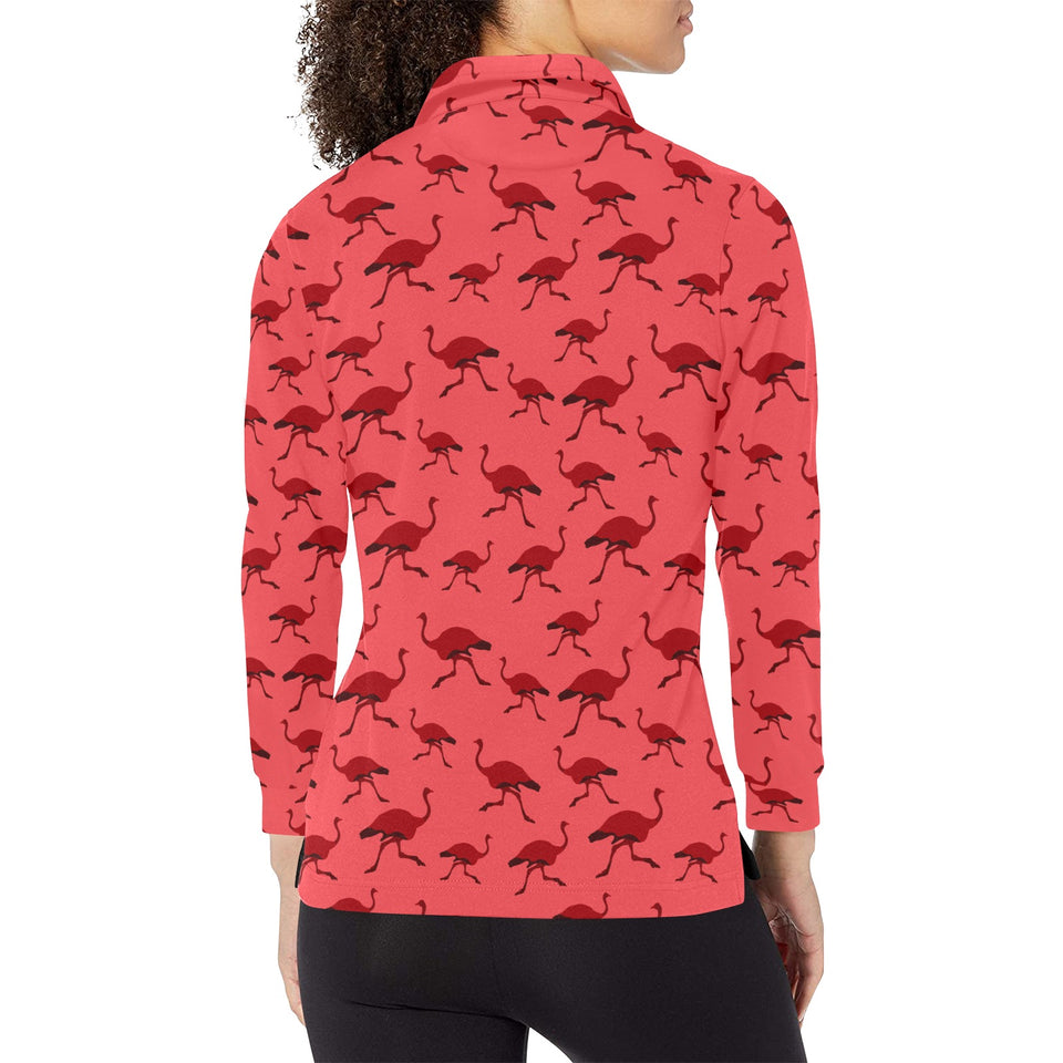 Ostrich Pattern Print Design 03 Women's Long Sleeve Polo Shirt