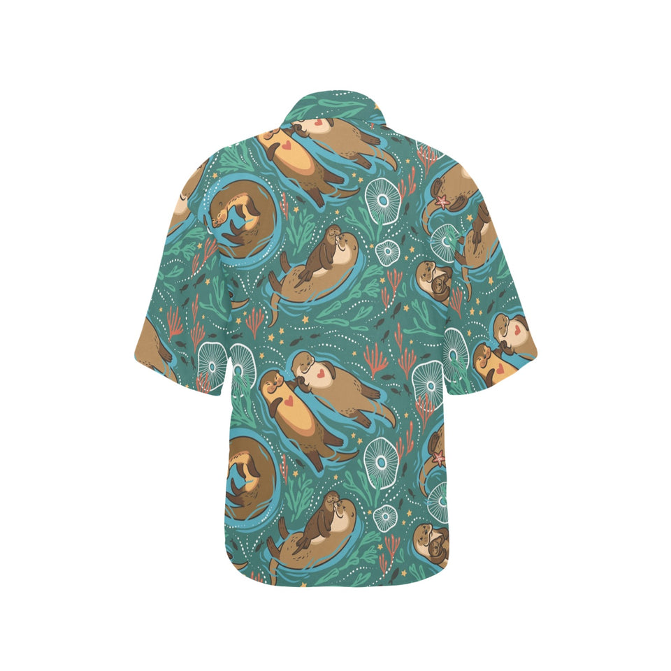 cute brown sea otters ornamental seaweed corals gr Women's All Over Print Hawaiian Shirt