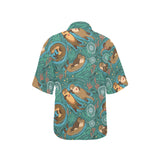cute brown sea otters ornamental seaweed corals gr Women's All Over Print Hawaiian Shirt