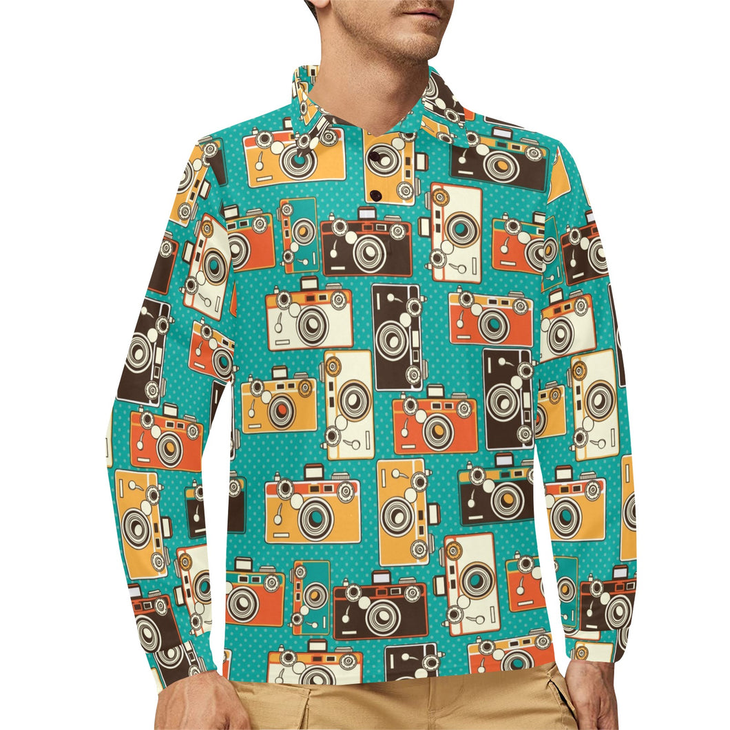 Camera Pattern Print Design 03 Men's Long Sleeve Polo Shirt