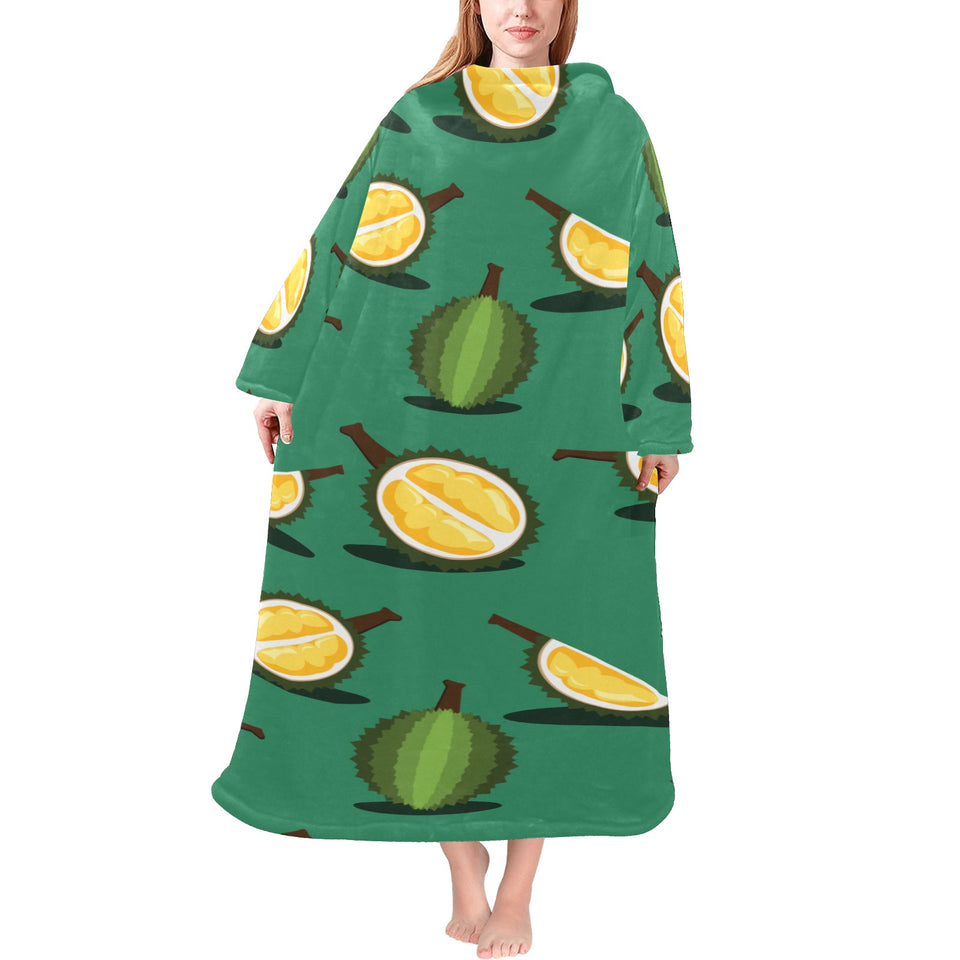 Durian pattern green background Blanket Robe with Sleeves