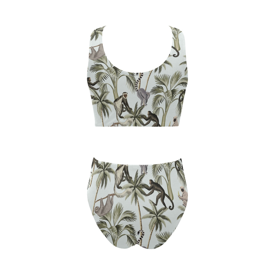 Monkey sloth lemur palm trees pattern Chest Bowknot High Waisted Bikini Swimsuit