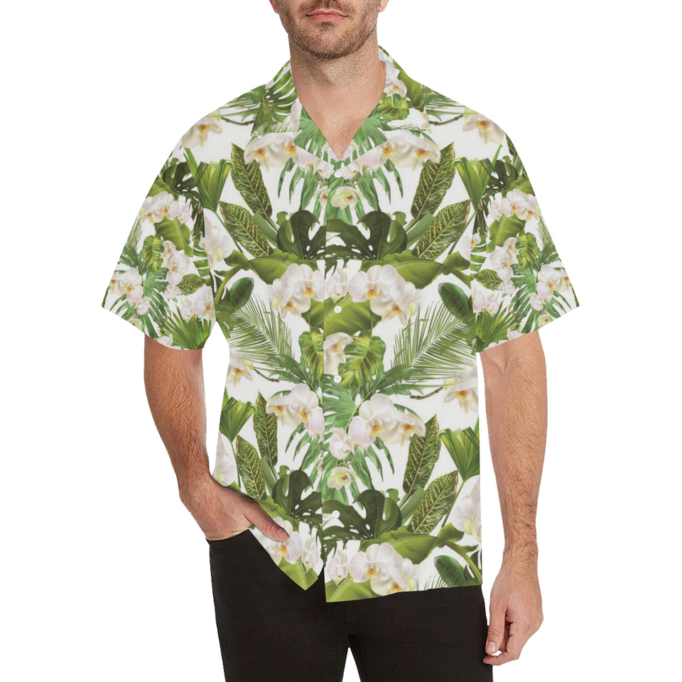 White orchid flower tropical leaves pattern Men's All Over Print Hawaiian Shirt