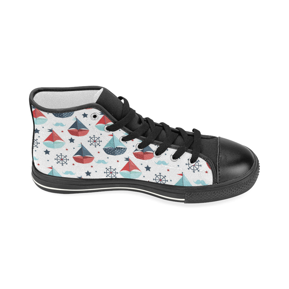 Cute color paper sailboat pattern Women's High Top Canvas Shoes Black