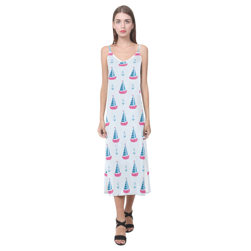 Sailboat anchor pattern V-Neck Open Fork Long Dress
