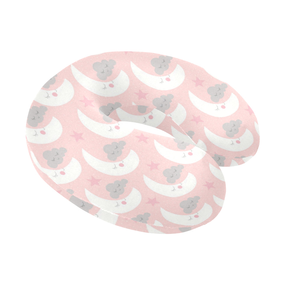 Cute moon cloud star pattern pink dot background U-Shaped Travel Neck Pillow