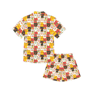 Colorful Maneki neko cat pattern Kids' Boys' Girls' V-Neck Short Pajama Set