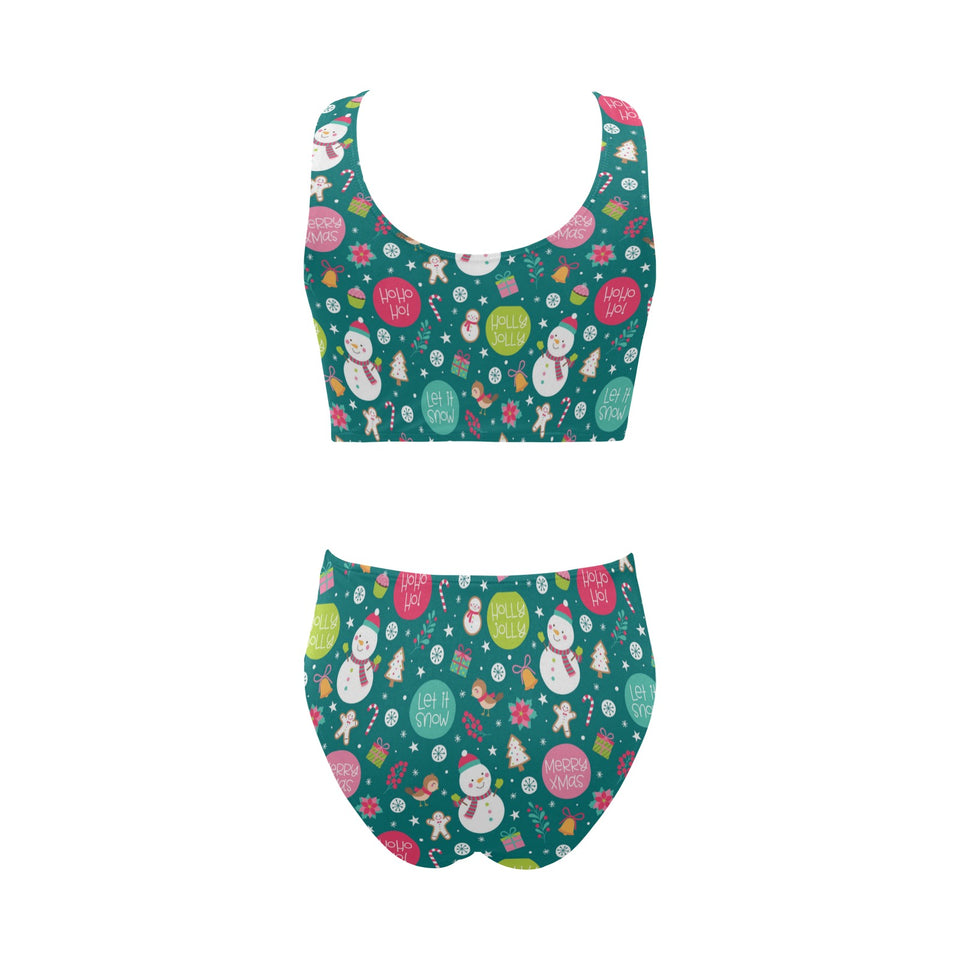 Snowman bird decorative elements christmas pattern Chest Bowknot High Waisted Bikini Swimsuit