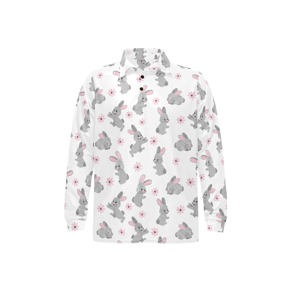 Watercolor cute rabbit pattern Men's Long Sleeve Polo Shirt