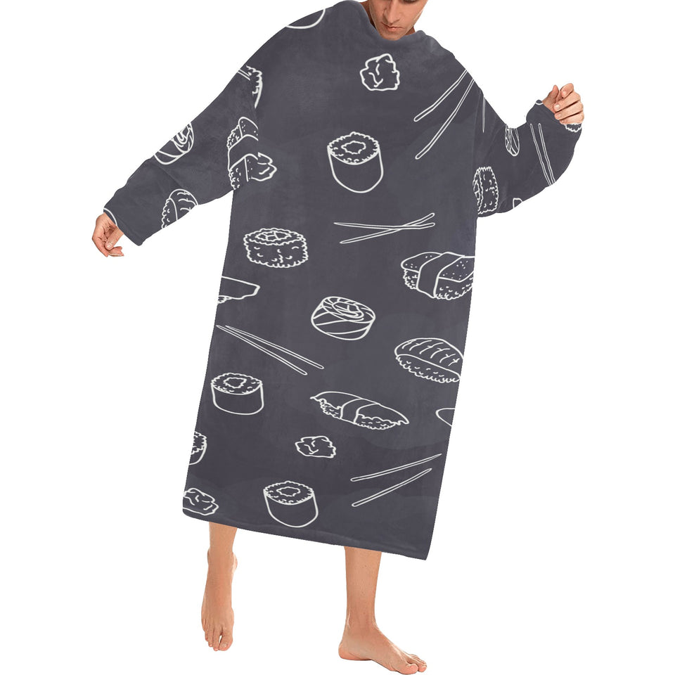 sushi pattern black background Blanket Robe with Sleeves