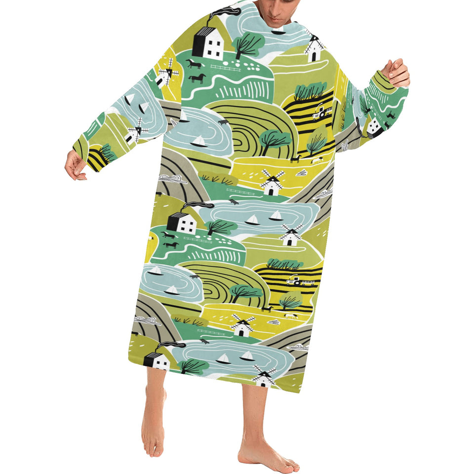 Hand drawn windmill pattern Blanket Robe with Sleeves