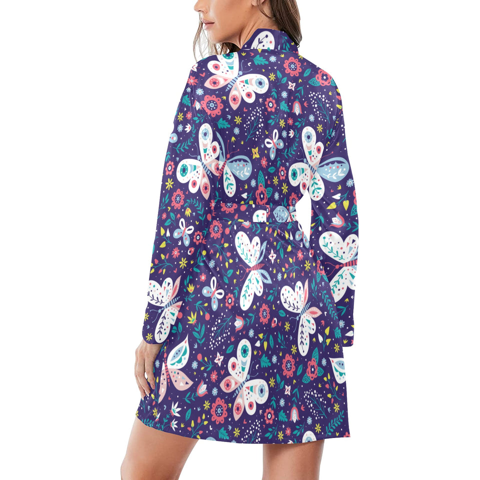 Colorful butterfly flower pattern.eps Women's Long Sleeve Belted Night Robe