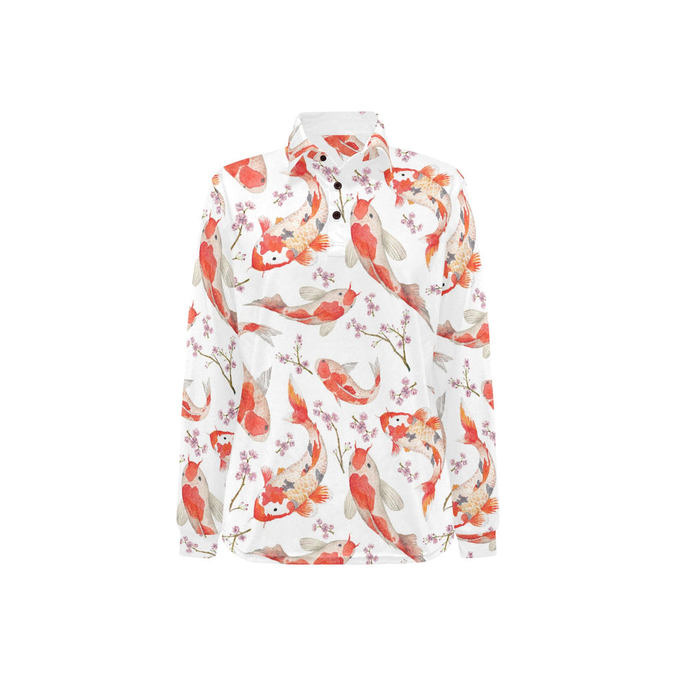 Watercolor Koi Fish Carp Fish pattern Women's Long Sleeve Polo Shirt