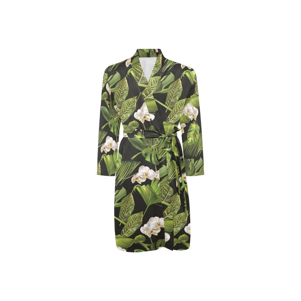 White orchid flower tropical leaves pattern blackg Men's Long Sleeve Belted Night Robe