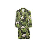White orchid flower tropical leaves pattern blackg Men's Long Sleeve Belted Night Robe