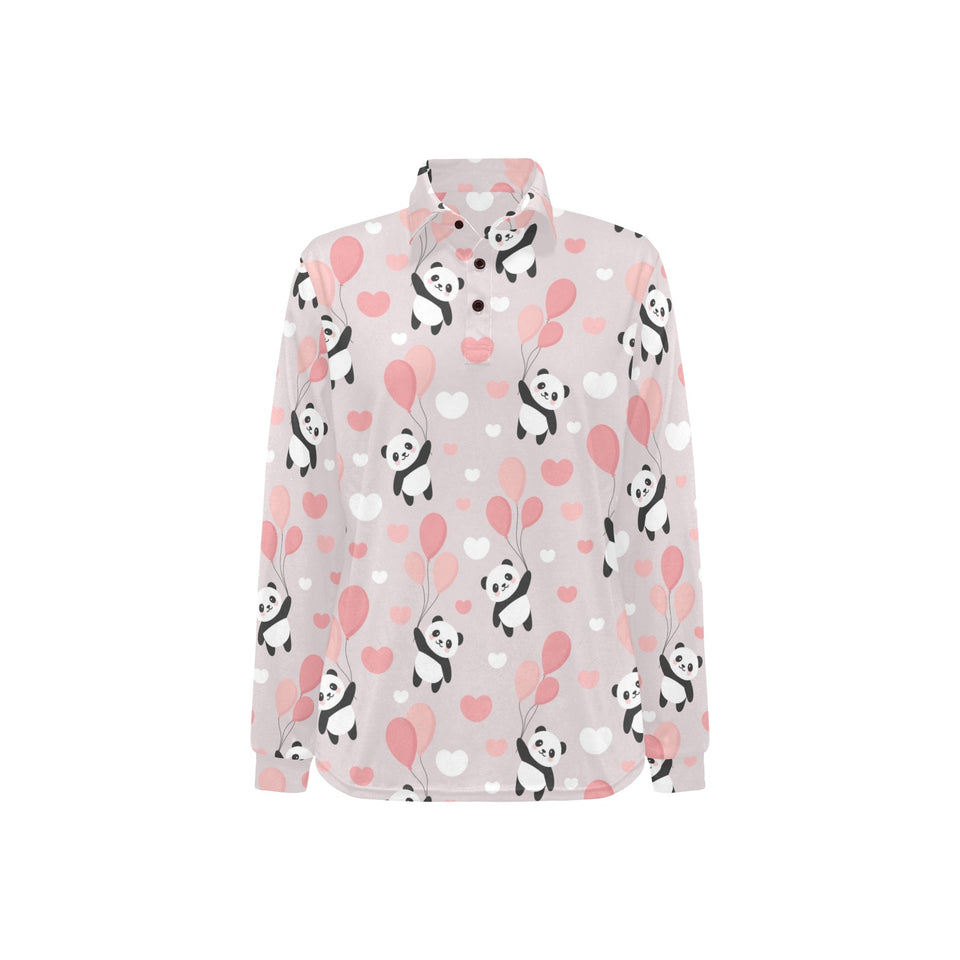 Cute panda ballon heart pattern Women's Long Sleeve Polo Shirt