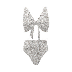 cacao beans leaves pattern Chest Bowknot High Waisted Bikini Swimsuit