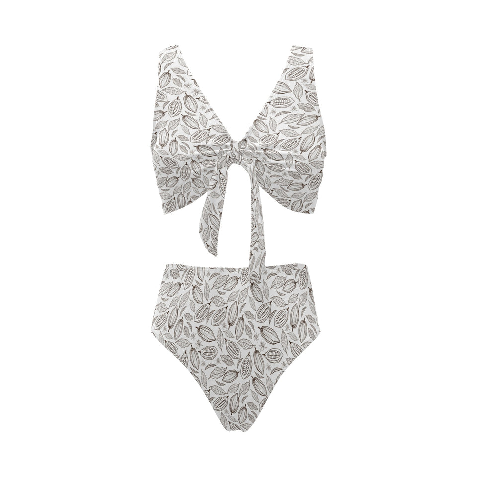 cacao beans leaves pattern Chest Bowknot High Waisted Bikini Swimsuit