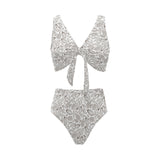 cacao beans leaves pattern Chest Bowknot High Waisted Bikini Swimsuit
