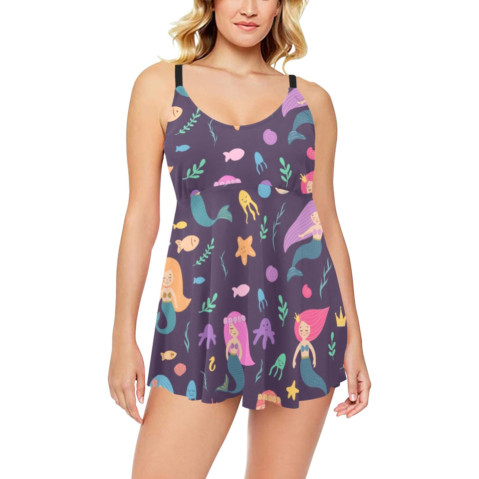 beautiful mermaid Fish jellyfish algae other marin Chest Sexy Pleated Two Piece Swim Dress