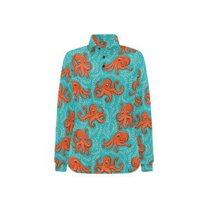 Octopus turquoise background Women's Long Sleeve Polo Shirt