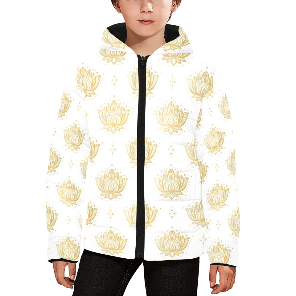 Gold Ornamental lotue waterlily symbol pattern Kids' Boys' Girls' Padded Hooded Jacket