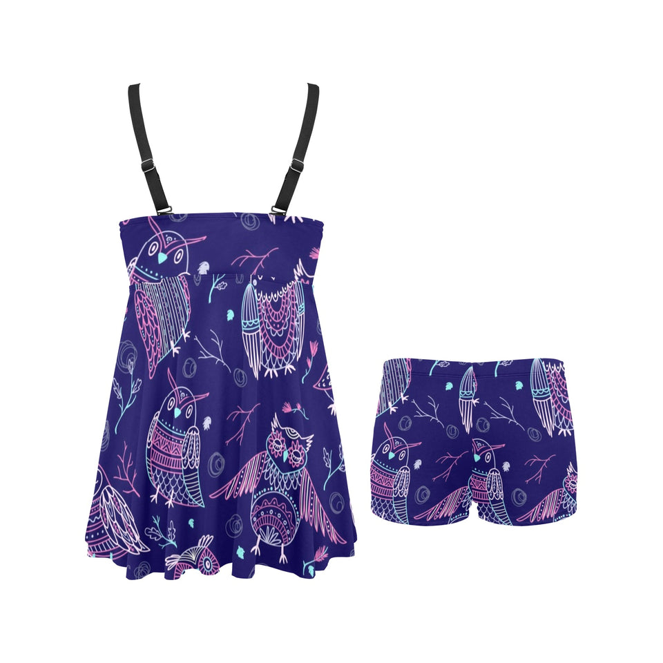 Cute owls pattern boho style ornament Chest Sexy Pleated Two Piece Swim Dress