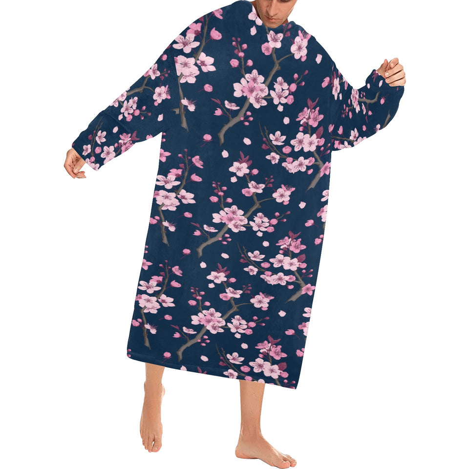Pink sakura cherry blossom blue background Blanket Robe with Sleeves