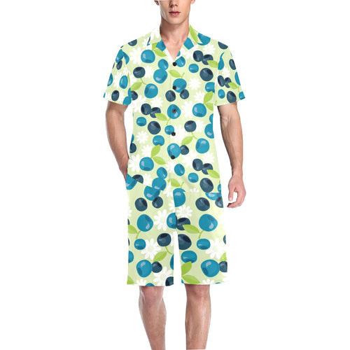 blueberry flower pattern Men's V-Neck Short Pajama Set