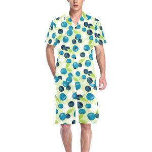 blueberry flower pattern Men's V-Neck Short Pajama Set